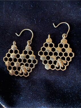 Gold Honeycomb Bee Drop Earrings - Women Jewelry